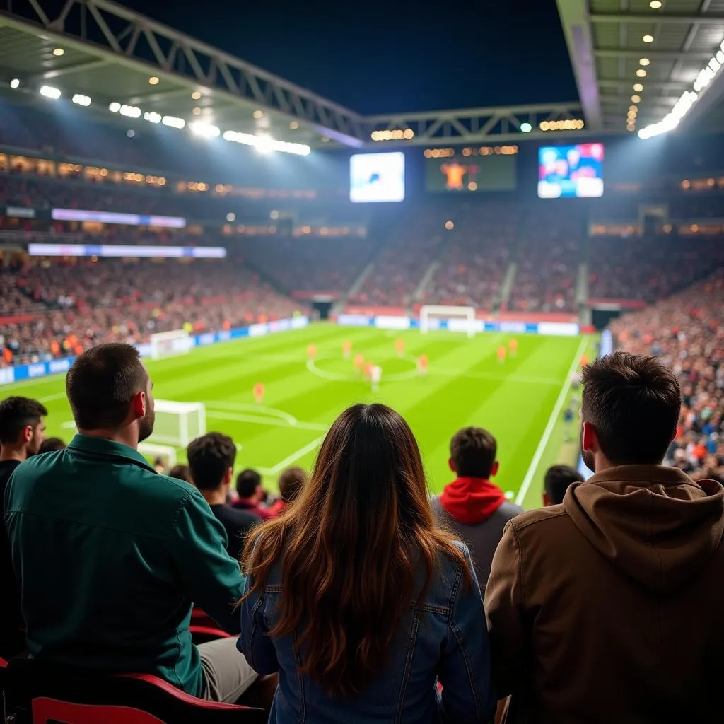 A group of friends watching a football game on TV, cheering and laughing together