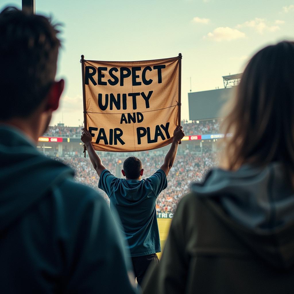 Football fan holding a banner promoting respect and unity