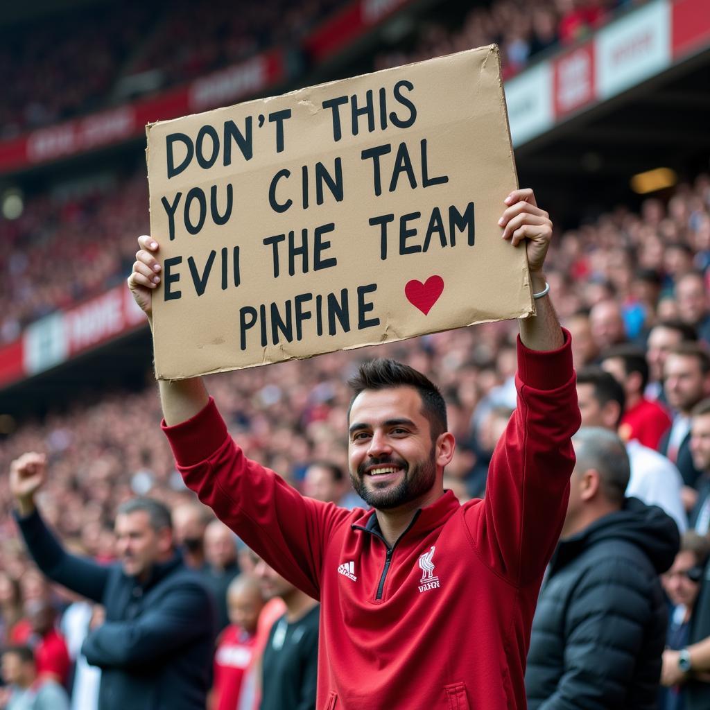 Football Fan Holding a Funny Sign Aimed at the Rival Team