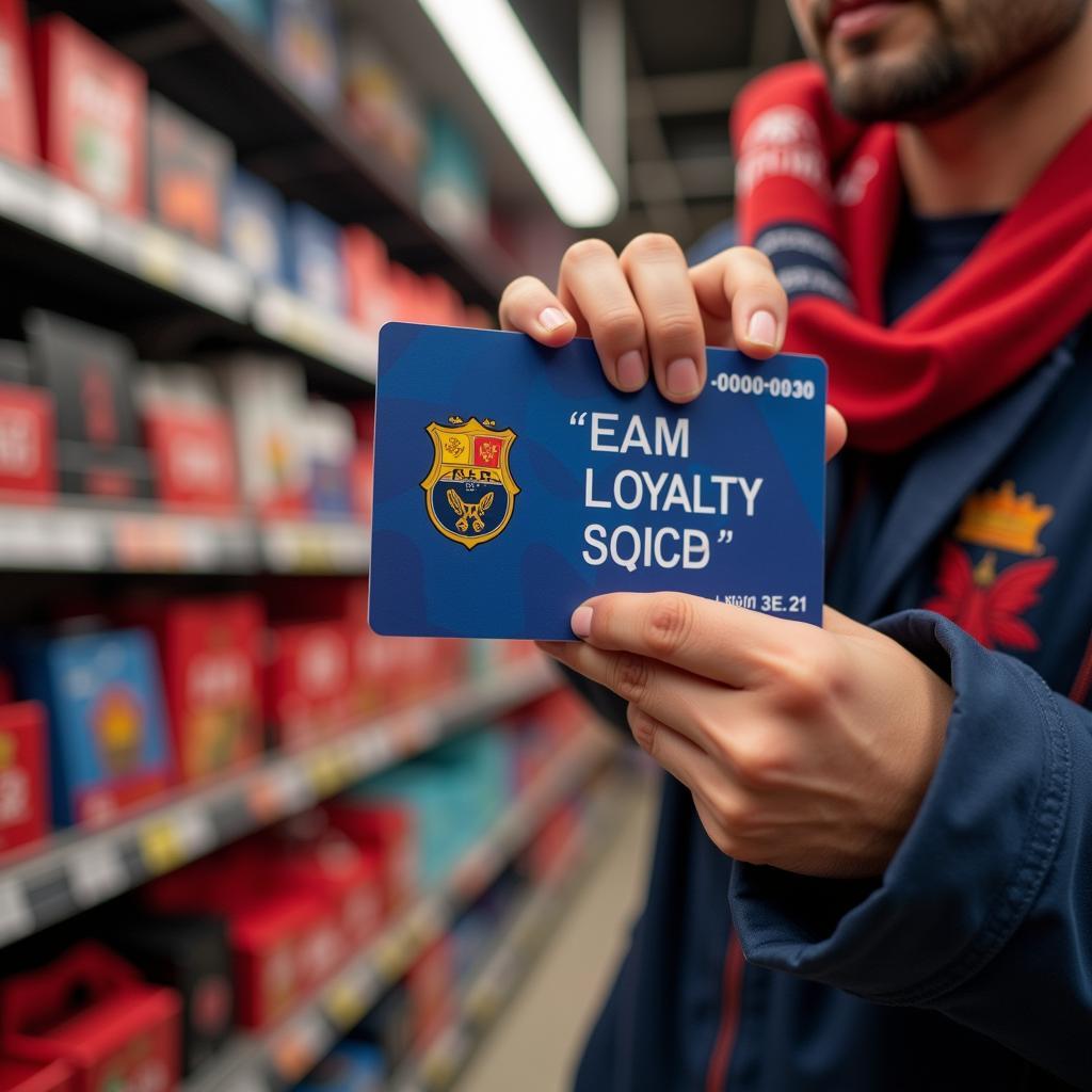 A football fan holding up their loyalty card at a merchandise store