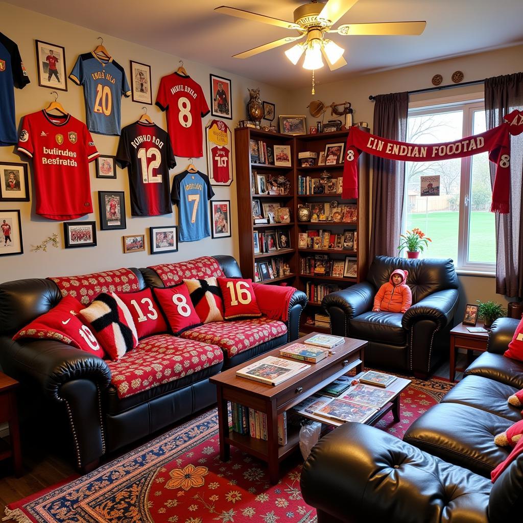 A vast collection of football memorabilia, showcasing jerseys, scarves, signed photos, and other items related to a specific team.