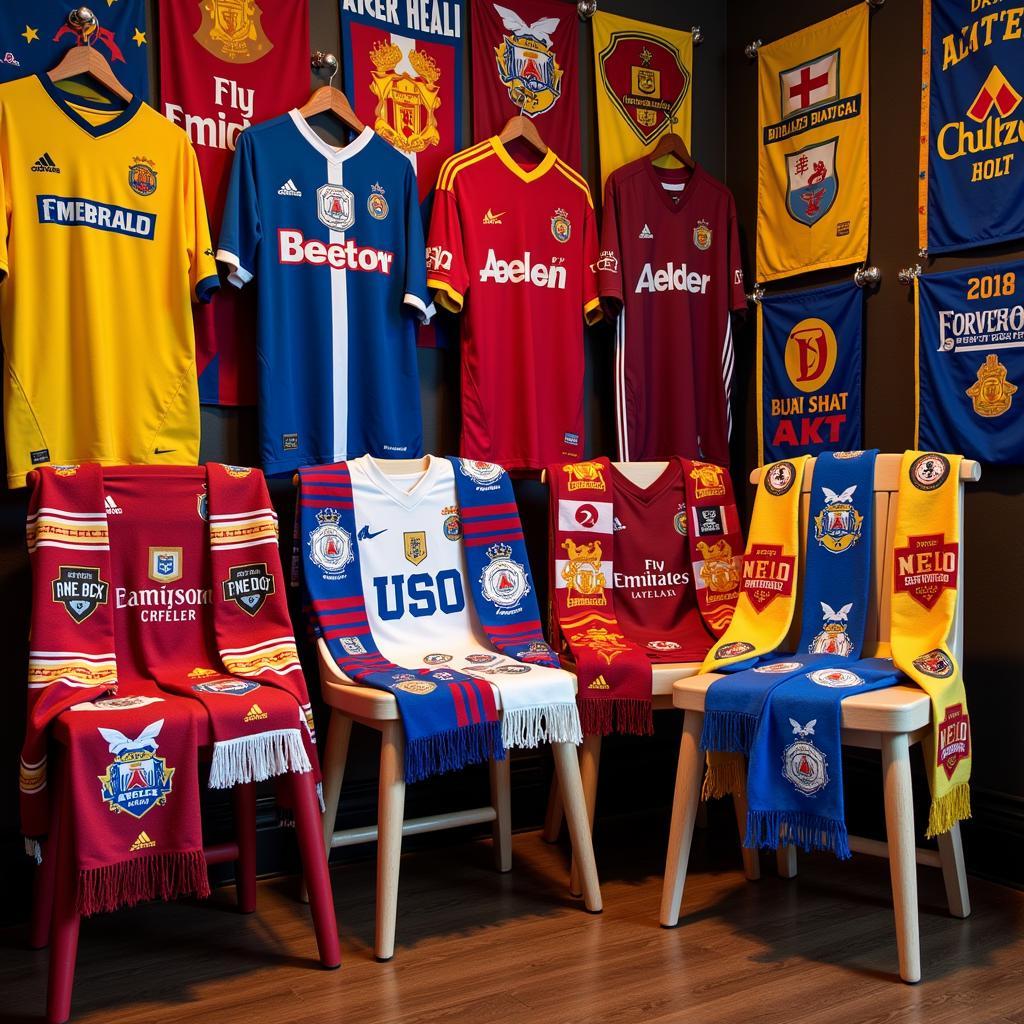 A display of football merchandise including jerseys, scarfs, and flags