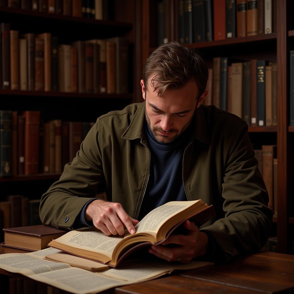 Dedicated Football Fan Researching Team History in a Library