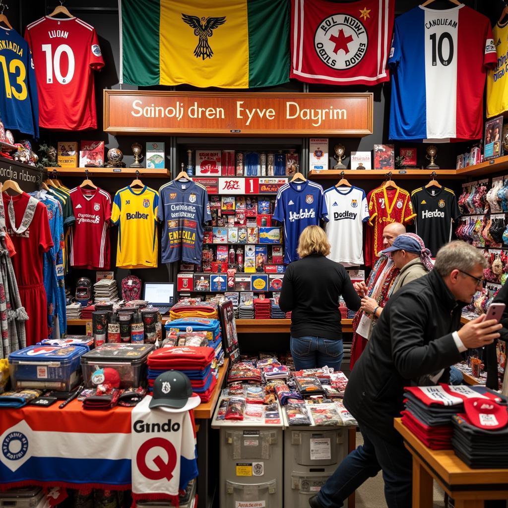 A wide variety of football merchandise displayed in a fan shop