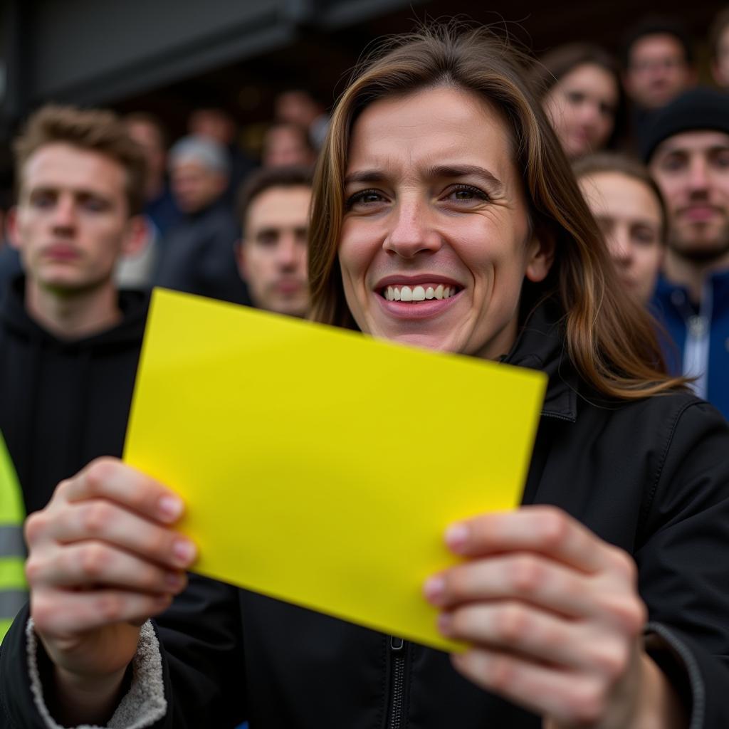 A football fan holds up a mock yellow card