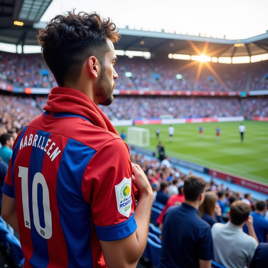 Football Fan Using Cooling Towel in Stadium