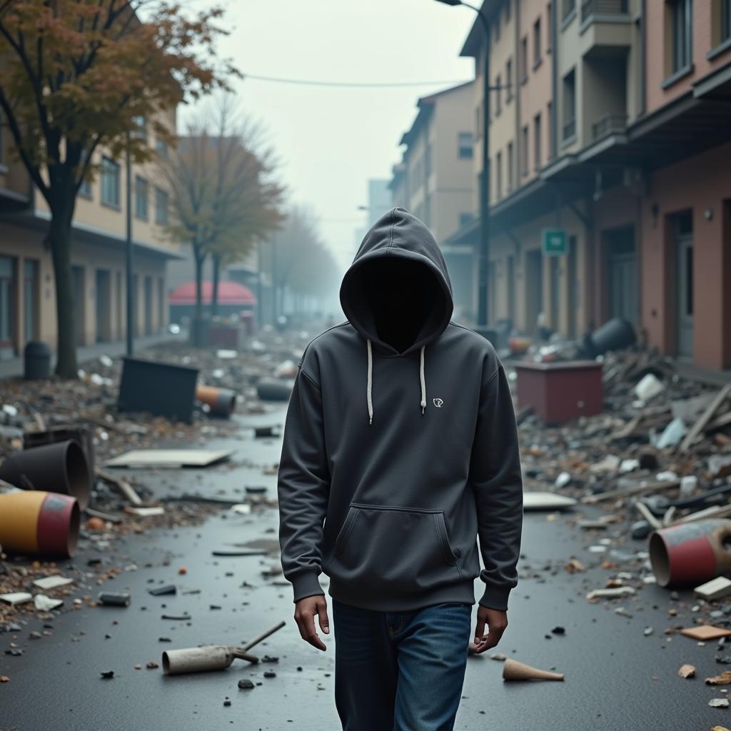 A solitary figure stands amidst the wreckage caused by football fan violence.