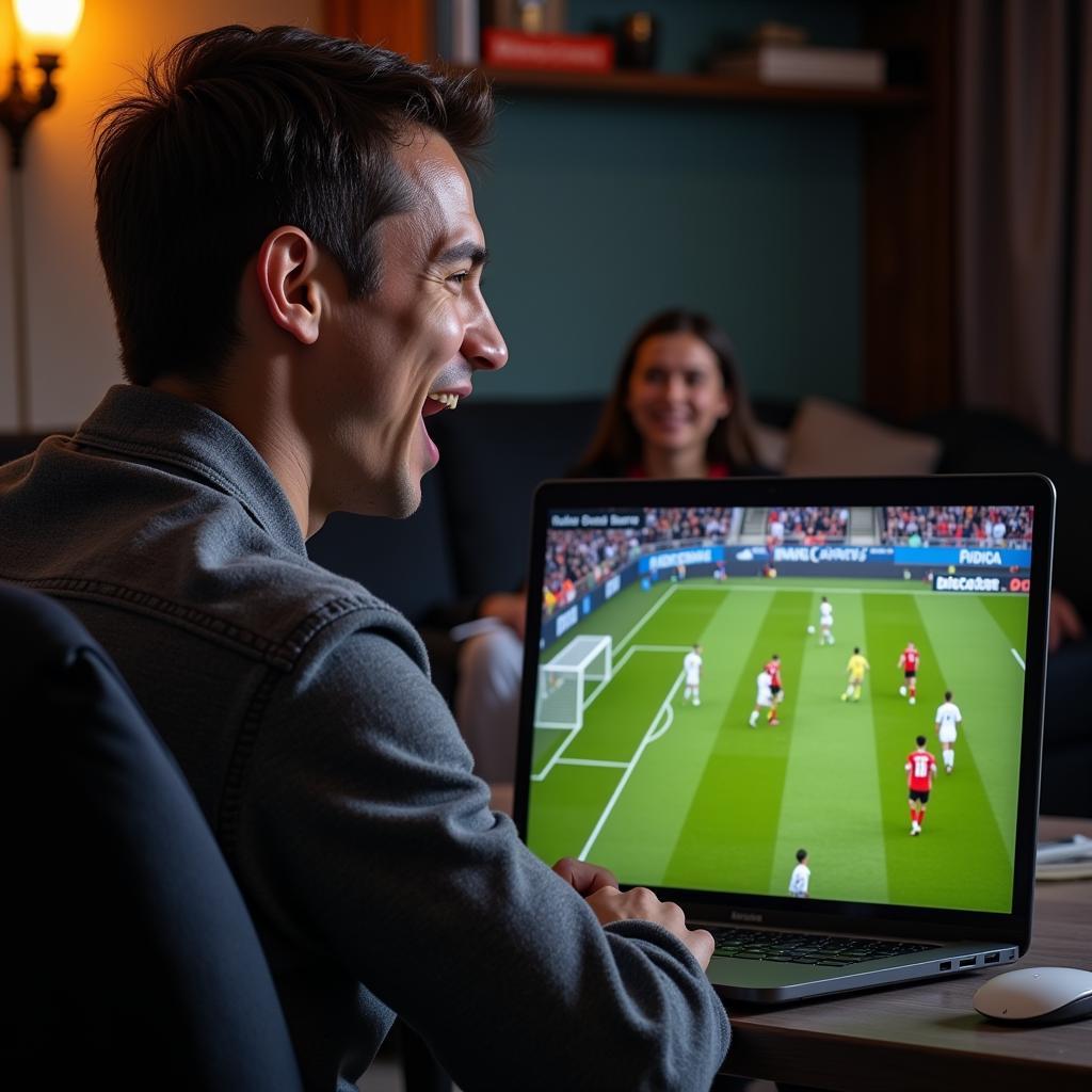 Football fan watching match on laptop