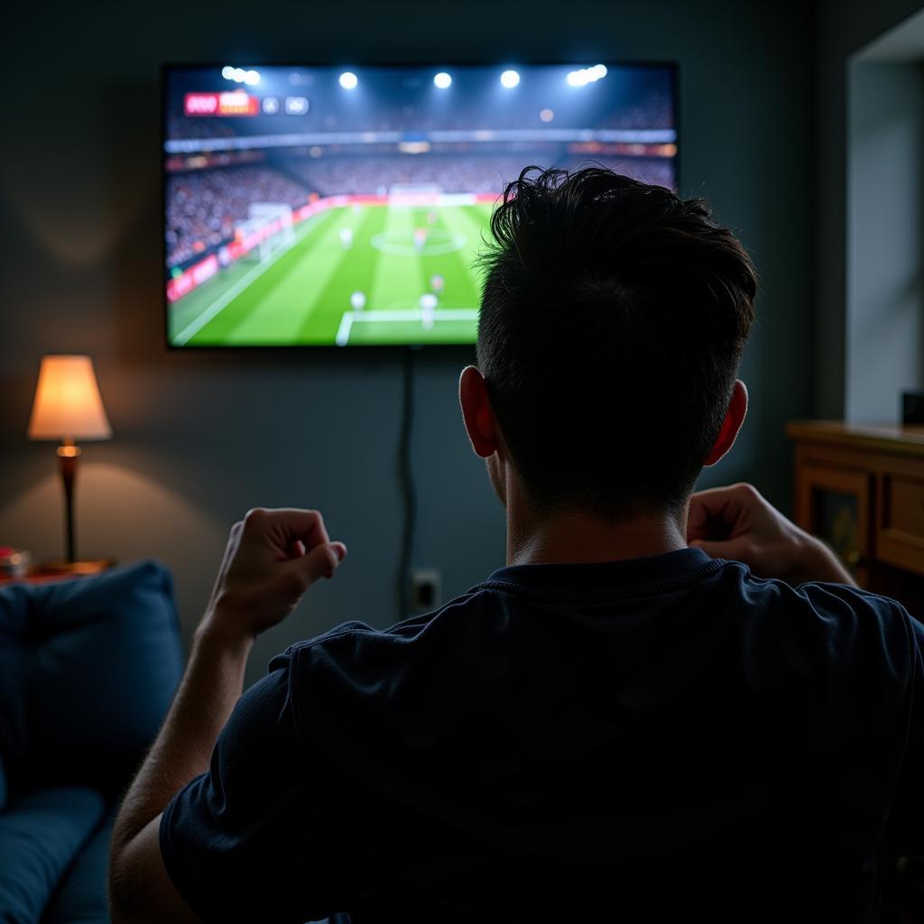 Football fan intensely watching TV