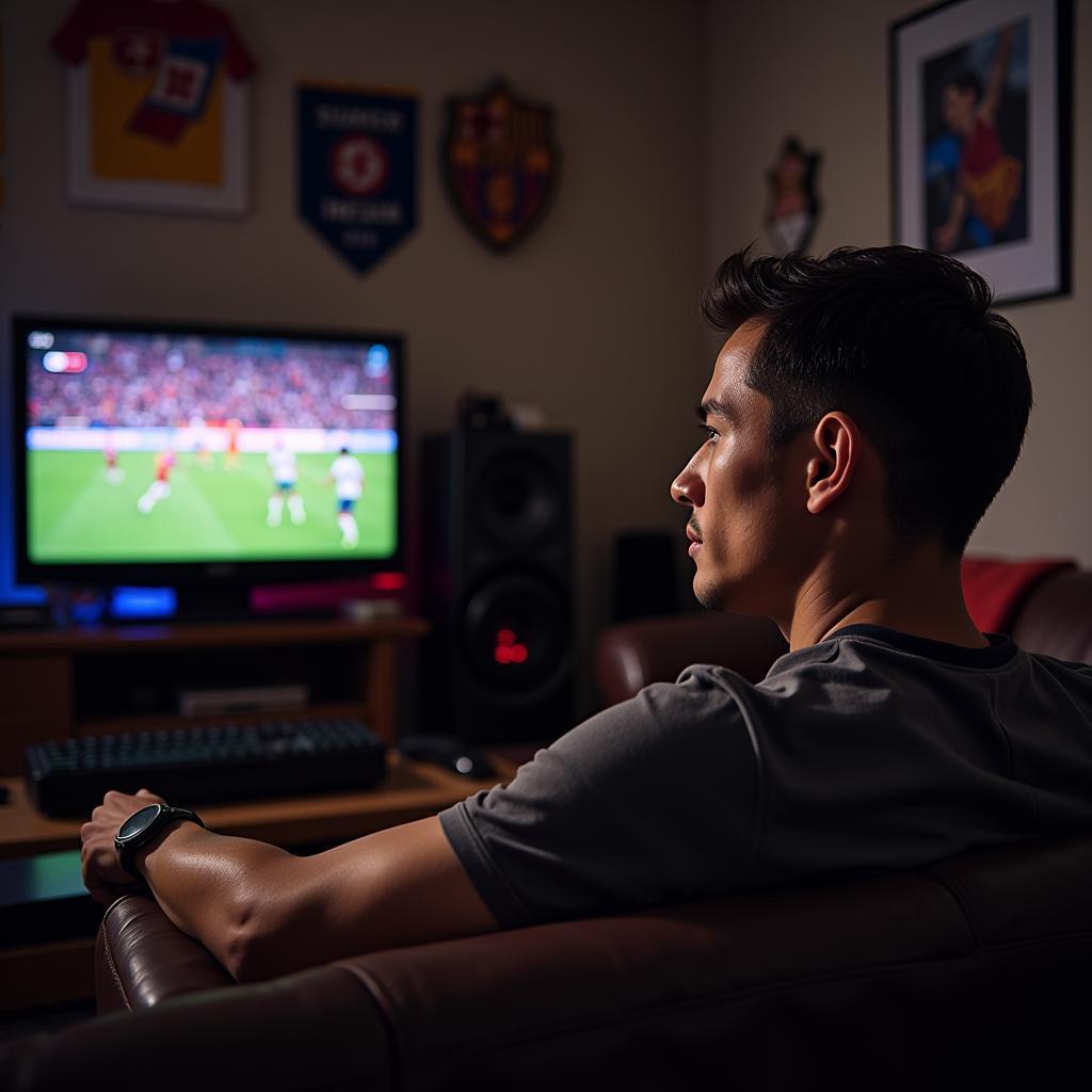 Football Fan Watching TV at Home