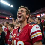 Football fan proudly sporting team jersey