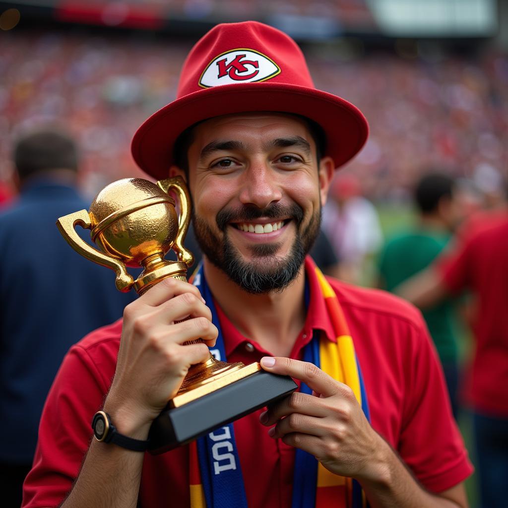 A football fan holding a trophy with a triumphant expression