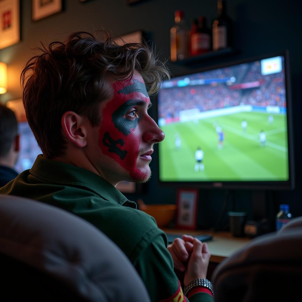 Football Fanatic Watching Match Intensely