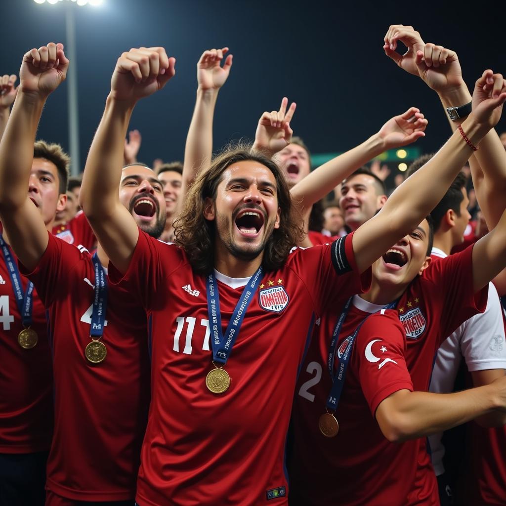 A group of ecstatic football fans celebrating a victory