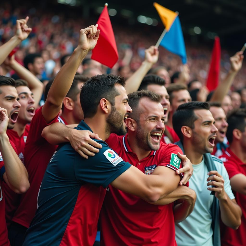 Jubilant football fans celebrating a victory, waving flags and banners, showcasing their shared joy and team spirit.