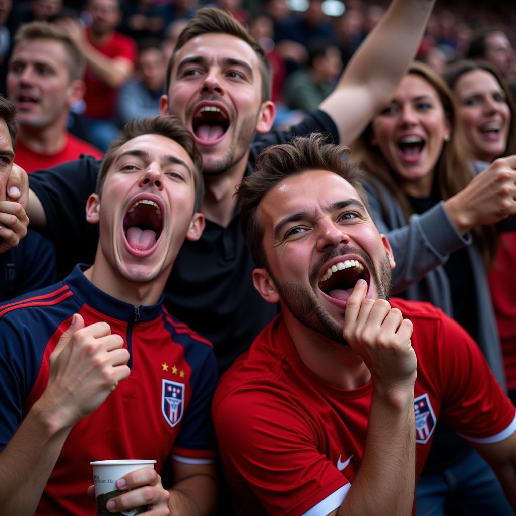 Football fans celebrating a goal together