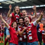 A group of passionate football fans celebrating a goal with excitement and joy.