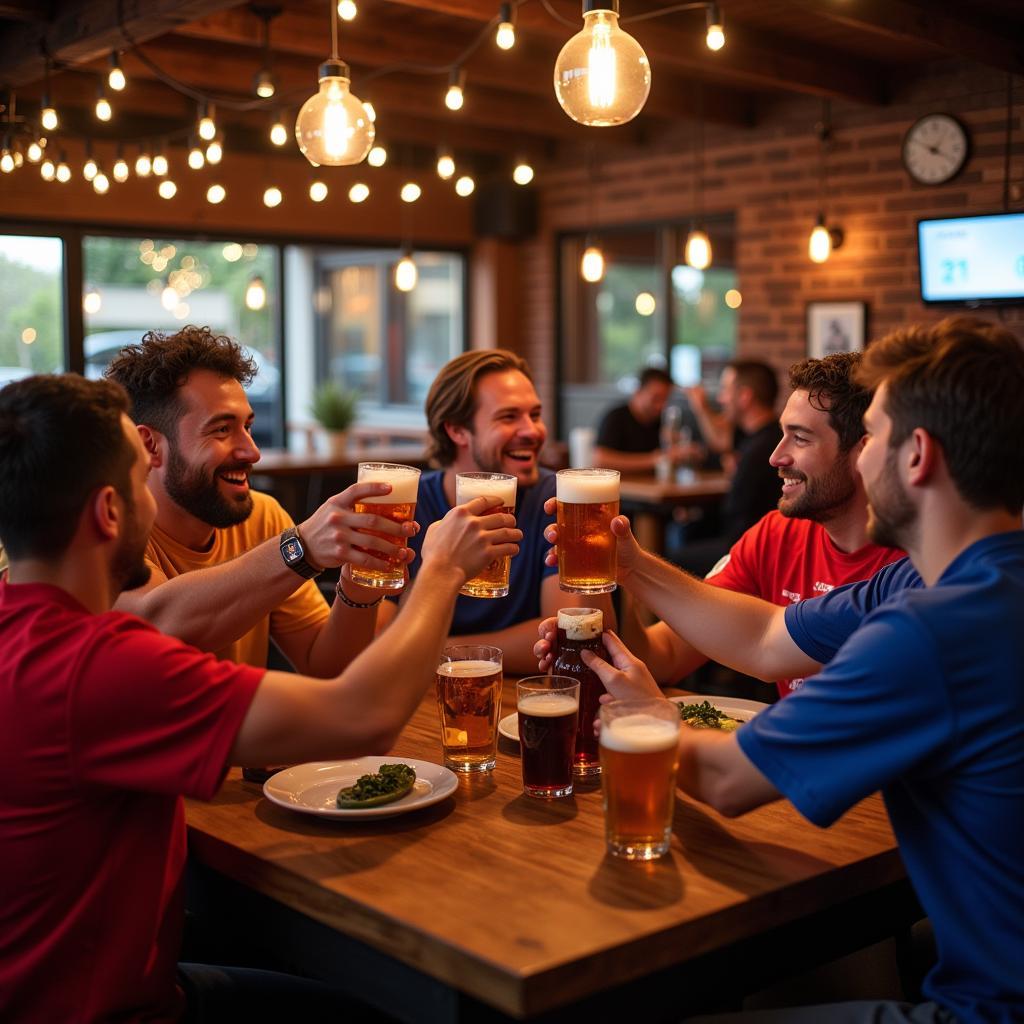 Football fans celebrating in a pub