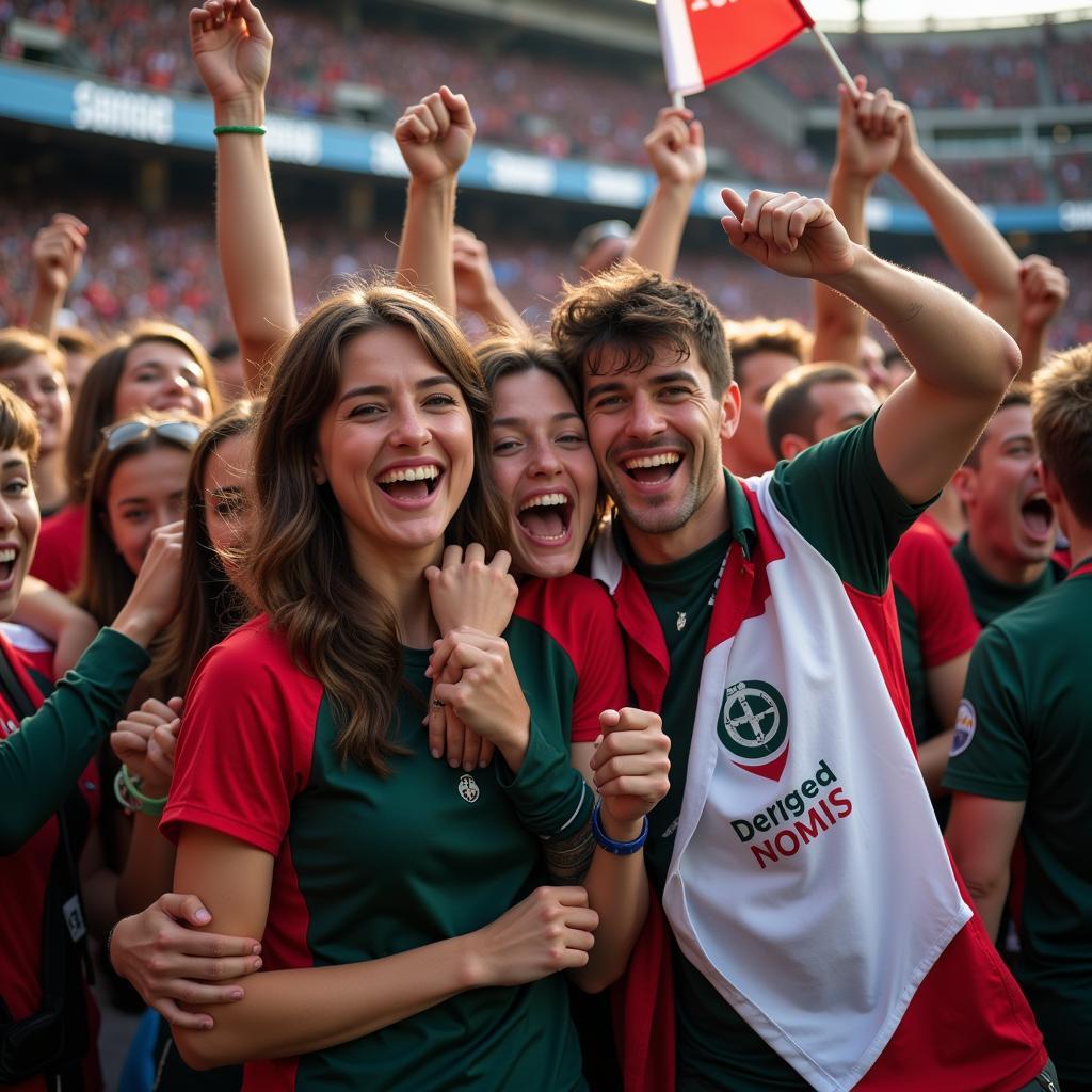 Jubilant football fans celebrating their team's victory, jumping, hugging, and cheering with joy.