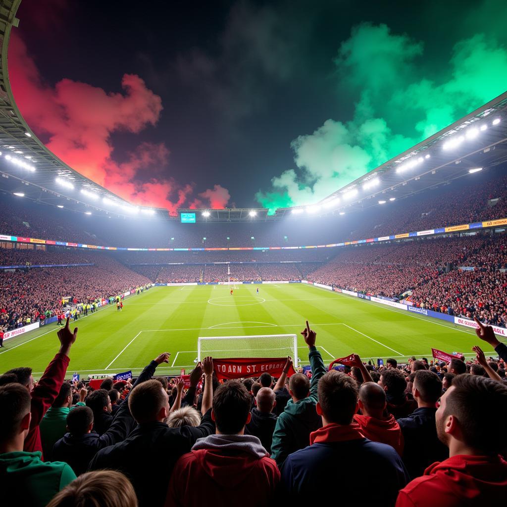 Football fans with scarves and flags cheering in a stadium