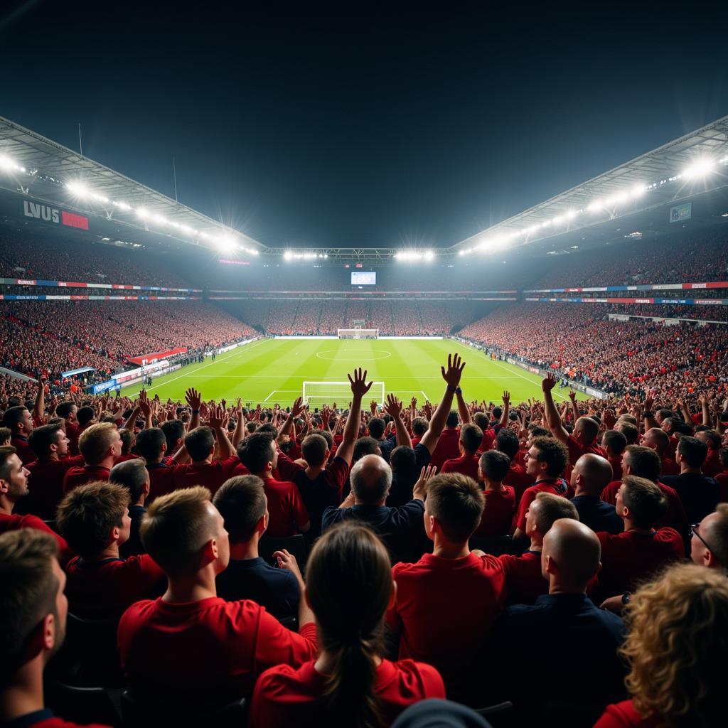 Fans chanting in a packed stadium