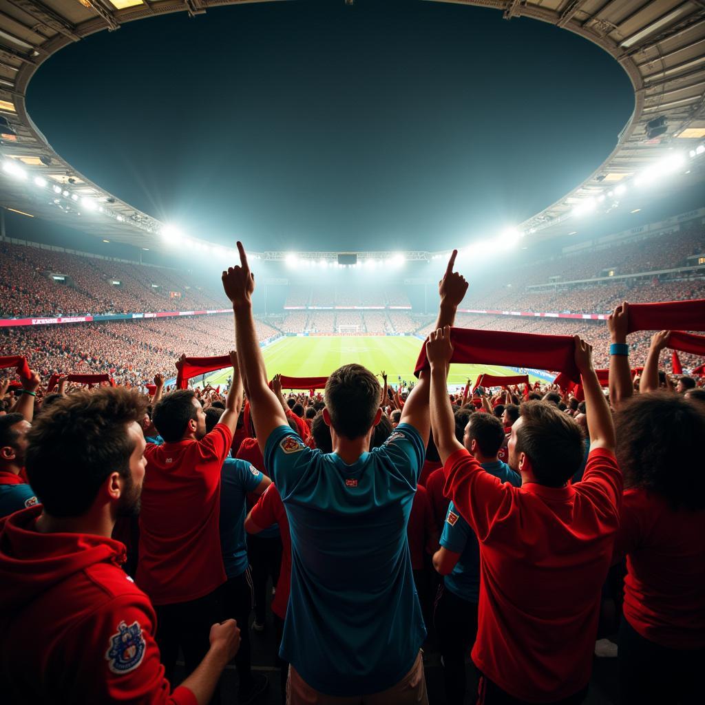 Football fans with scarves held high, chanting in unison inside a packed stadium