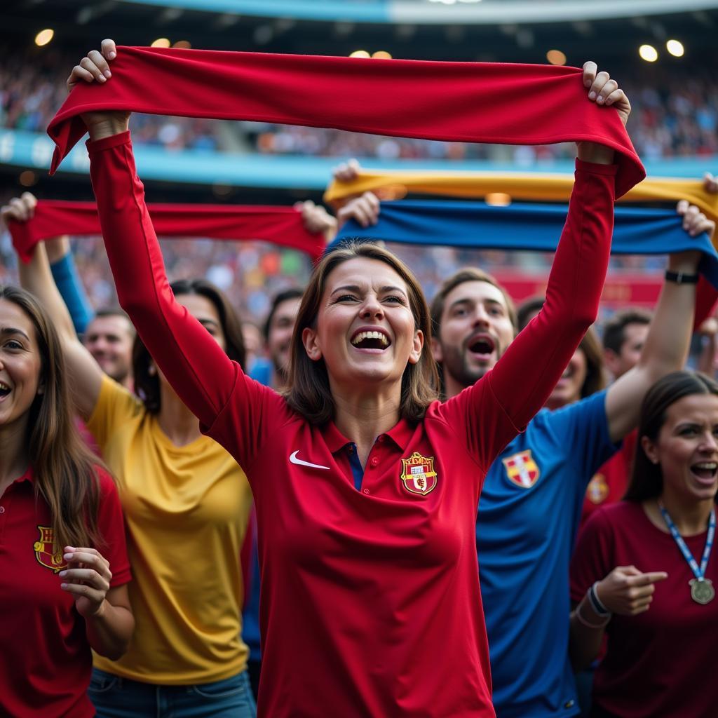 Football fans with scarves raised, chanting in support of their team