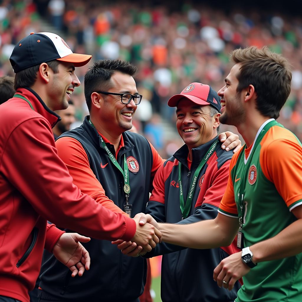 Football fans from rival teams shaking hands