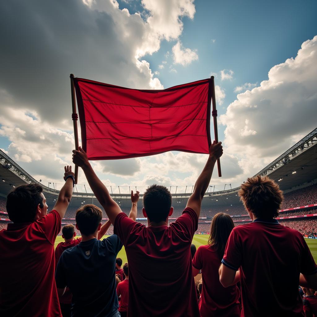 Football fans holding a banner expressing their support for their team