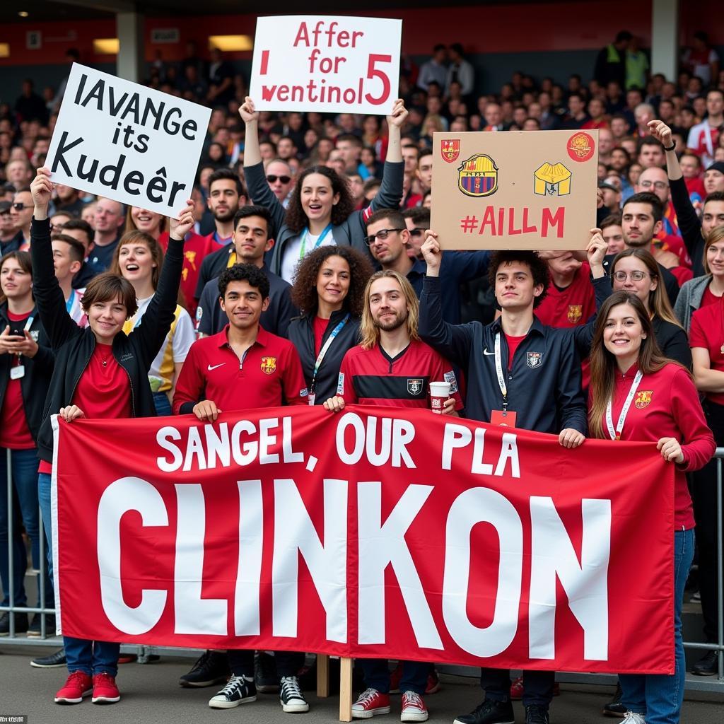 Football fans holding banners at the airport welcoming their team