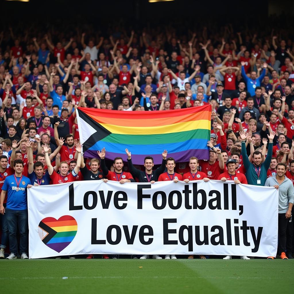 Football Fans Holding a Rainbow Banner