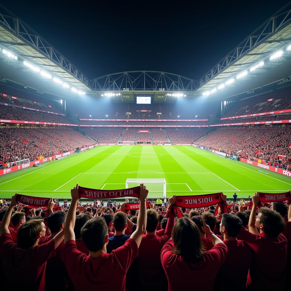 Football fans holding scarves and cheering in a stadium