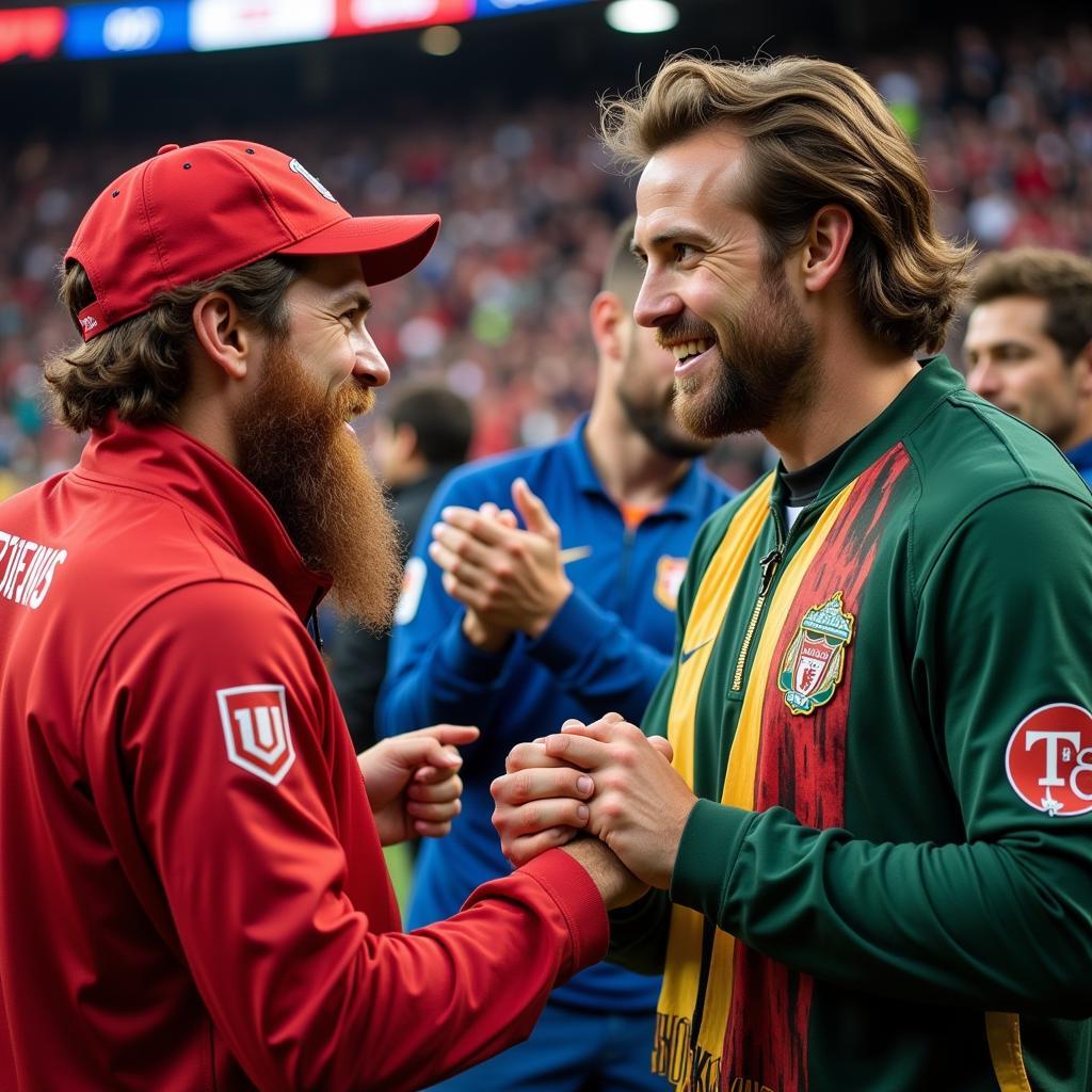 Football fans from opposing teams shaking hands