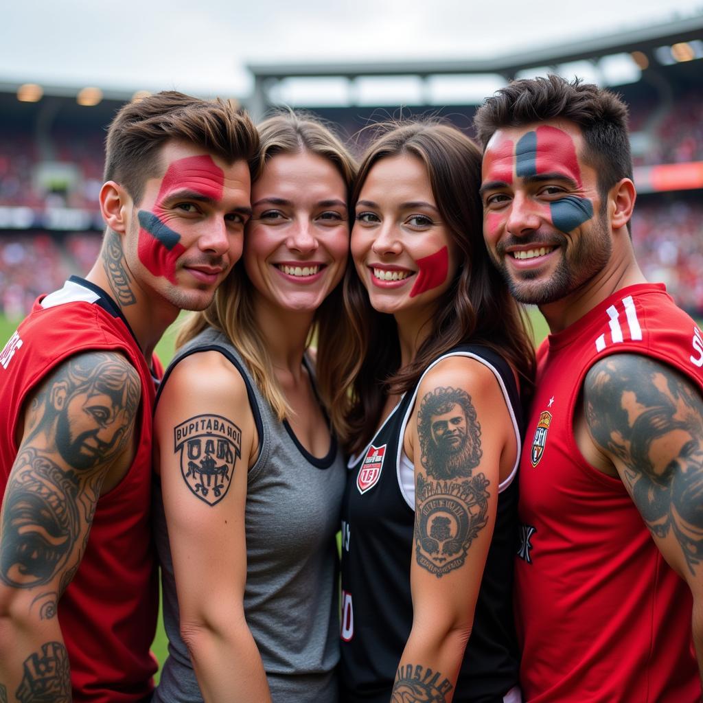 Group of football fans proudly displaying their tattoos at a match