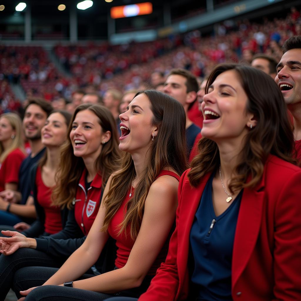 Group of football fans singing along to Bon Jovi