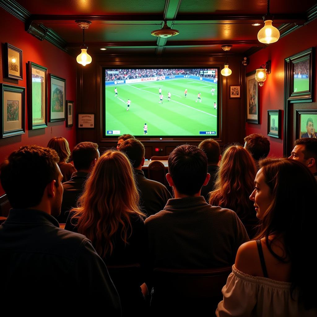 Fans gathered at a pub, watching a football match.