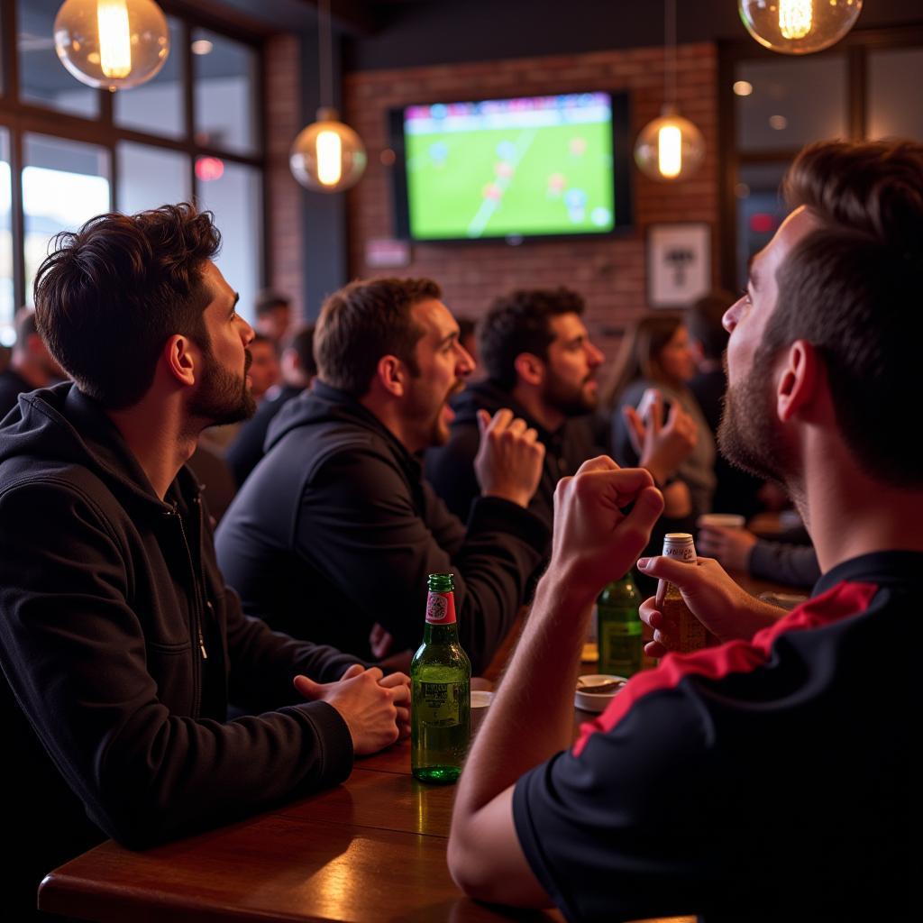 Football fans watching a game at a pub