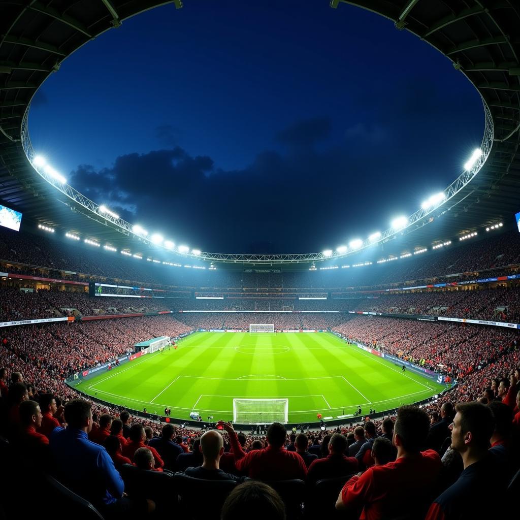 Crowded football stadium during a night match