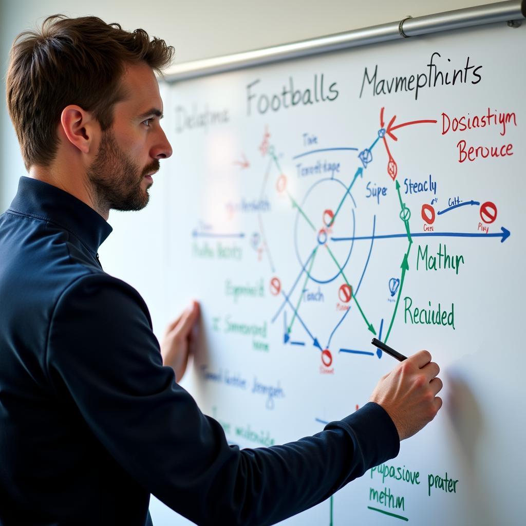 Football manager explaining tactics using a whiteboard to his team