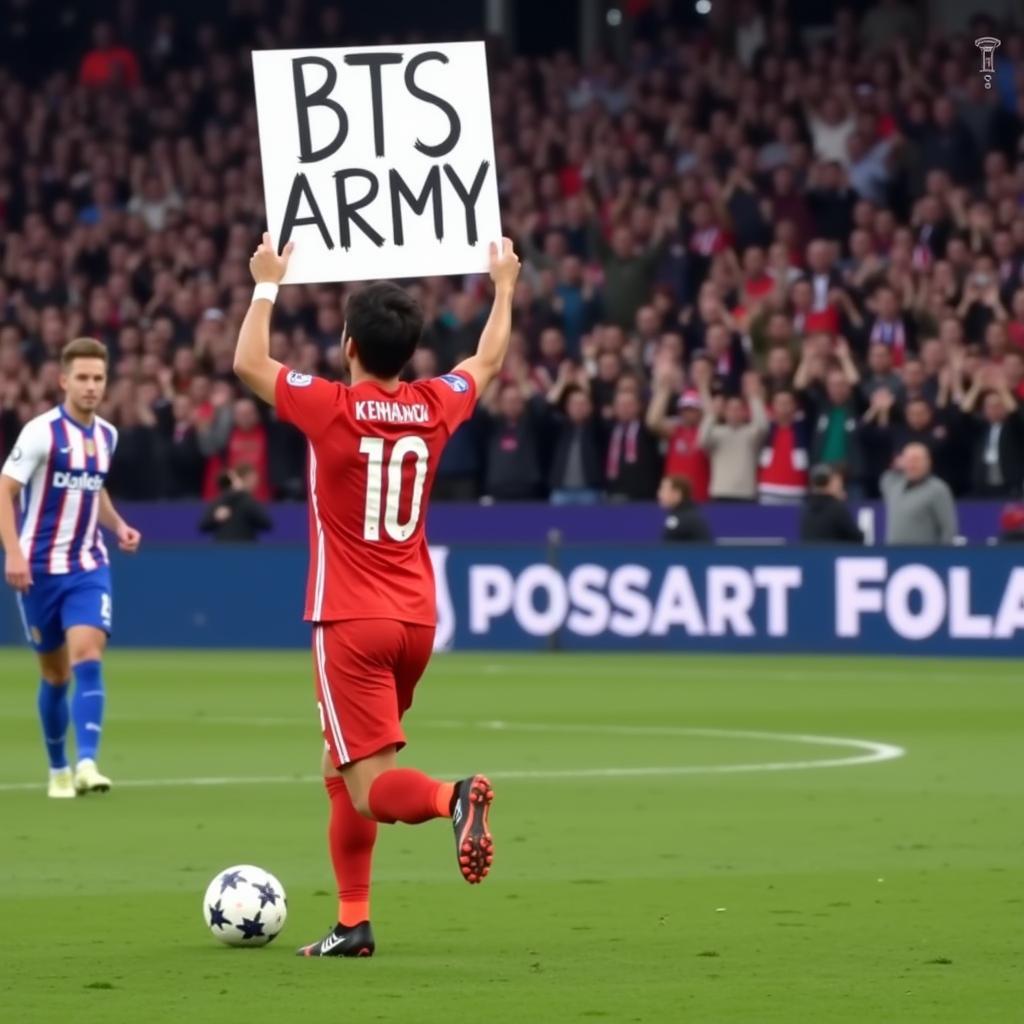 Football player holding up a BTS sign