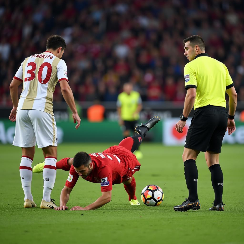 Football player diving for a penalty in a professional match