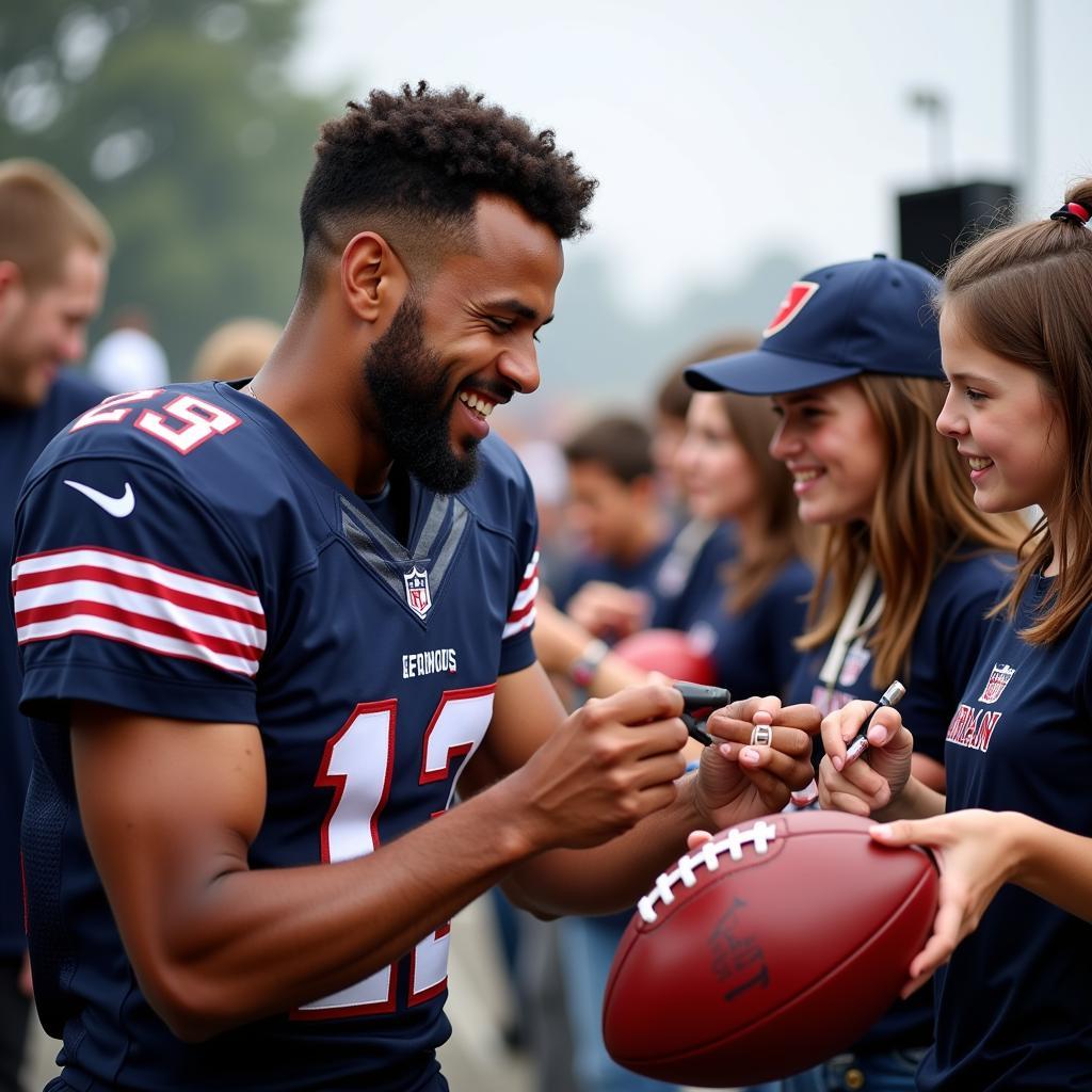 Football player signing autographs for fans