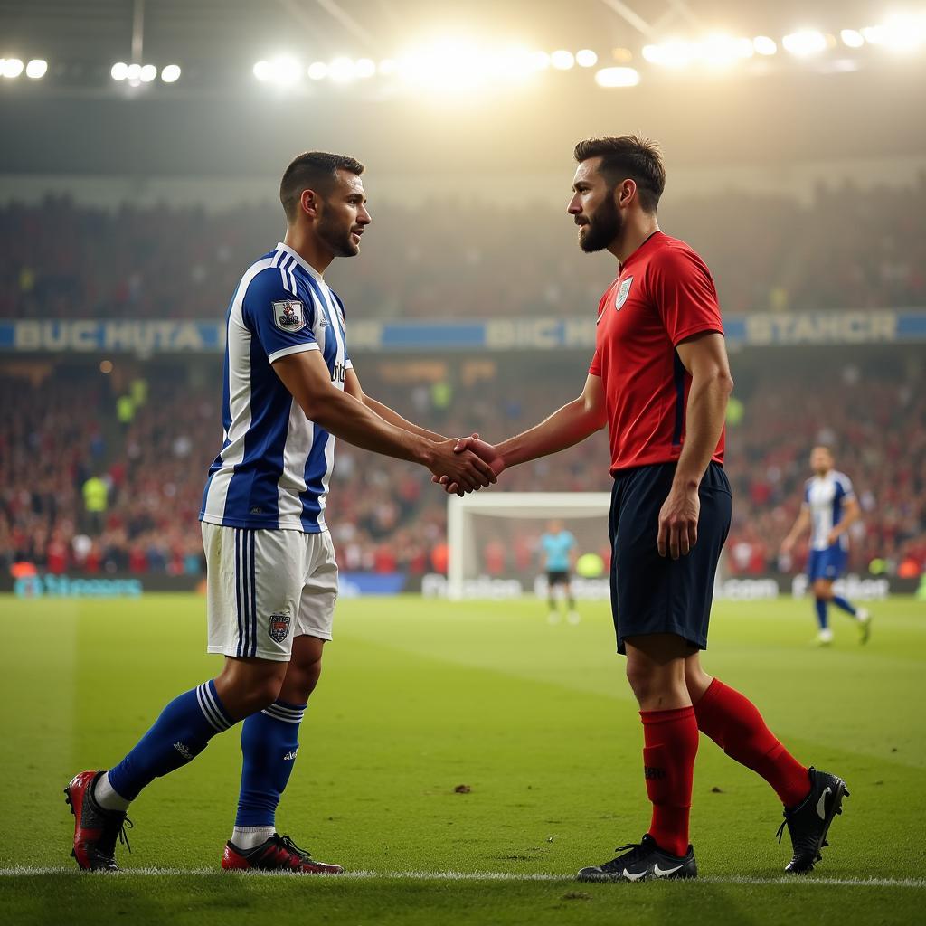 Football players shaking hands demonstrating fair play