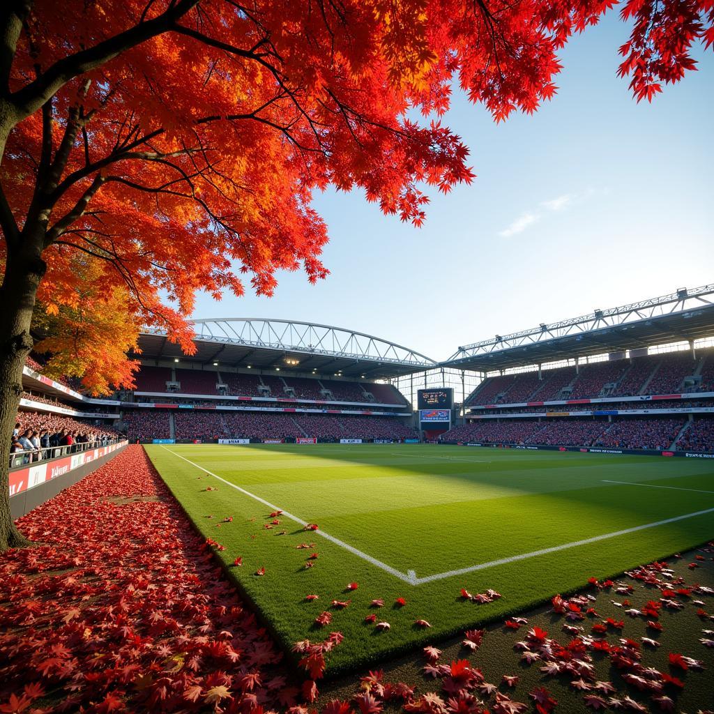 Football Stadium in Autumn with Falling Leaves