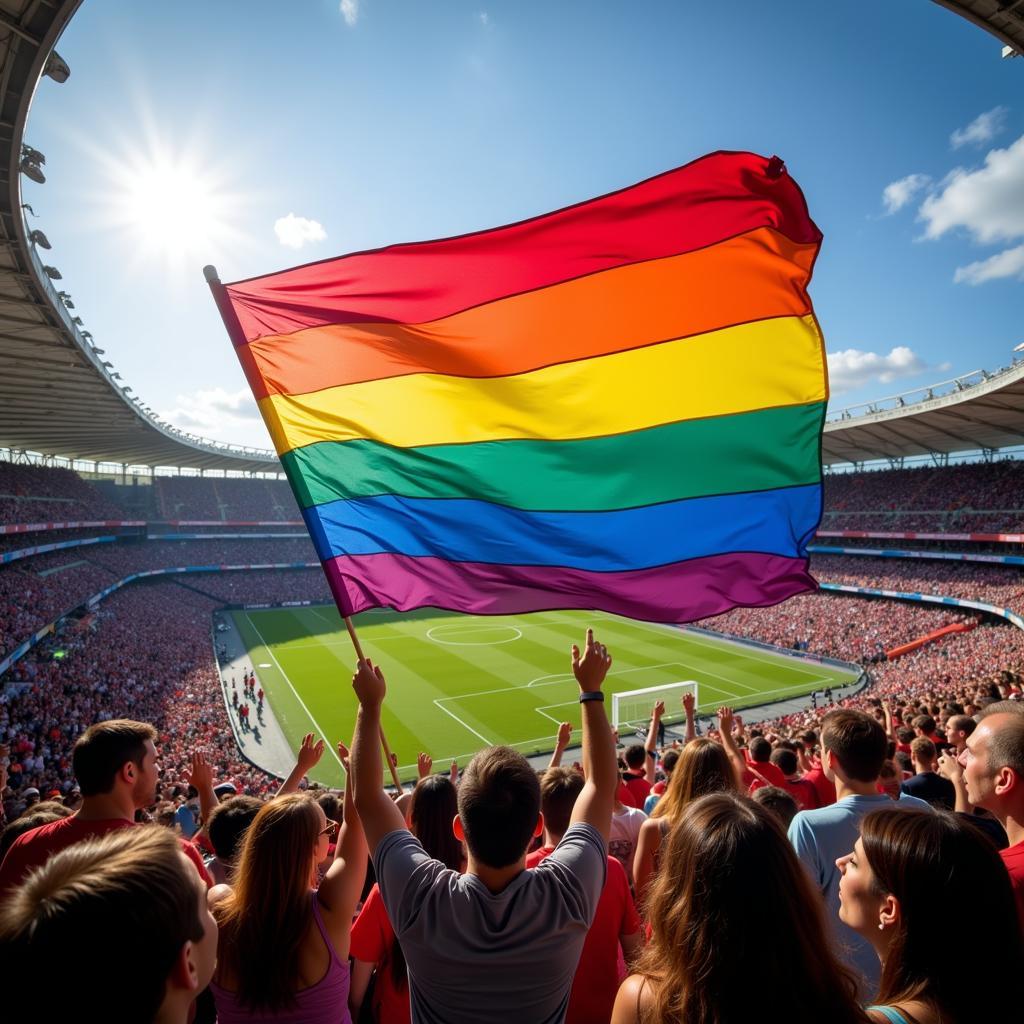 Rainbow flag waving in a football stadium