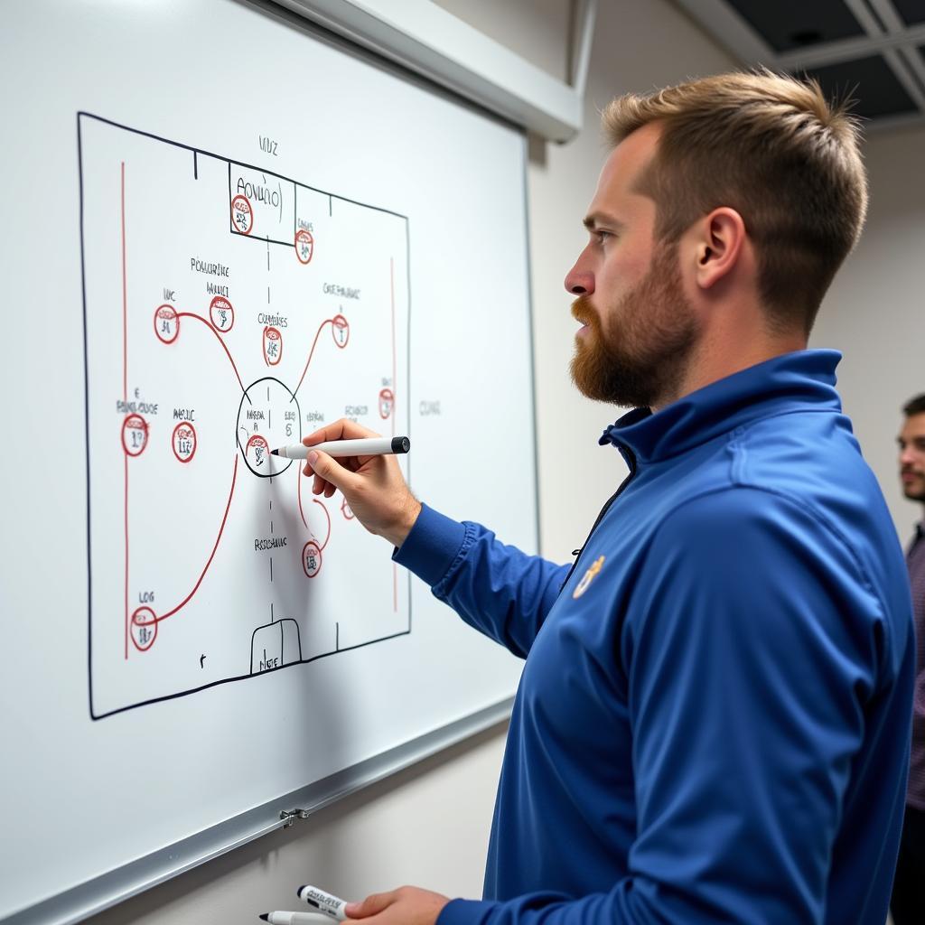 Coach explaining tactics on a whiteboard