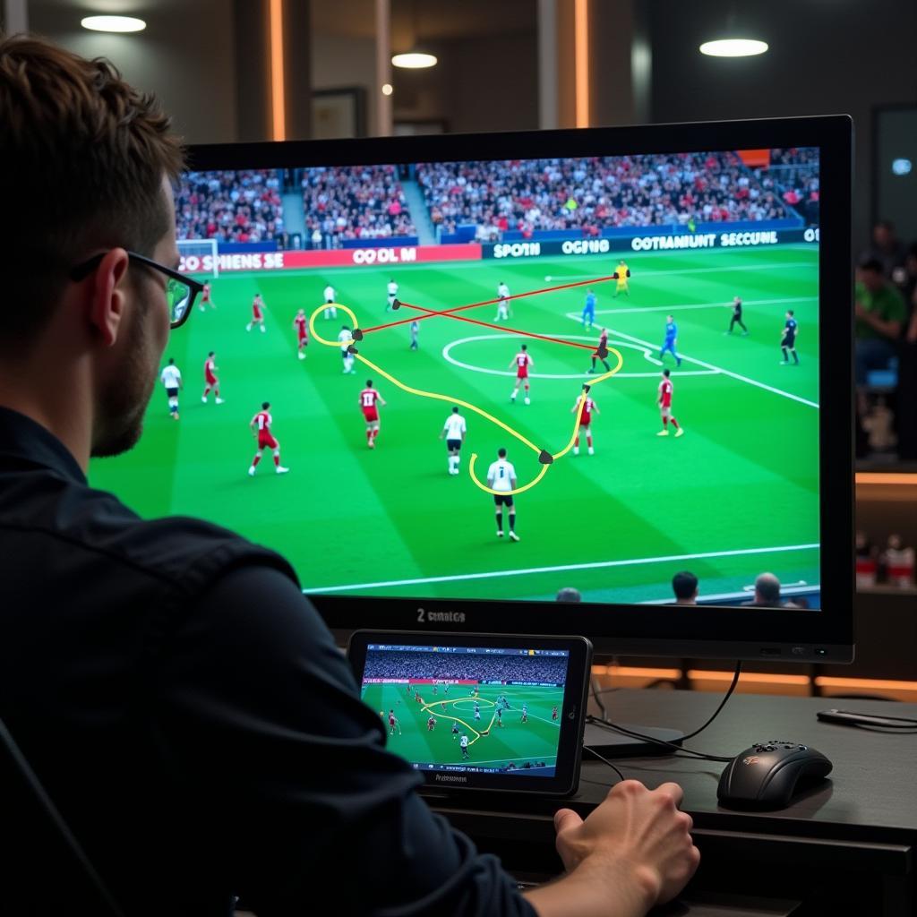 Football tactical analysis displayed on a screen