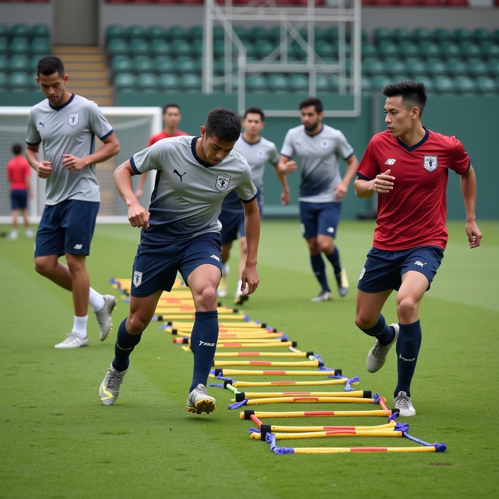 Football team working on agility and footwork