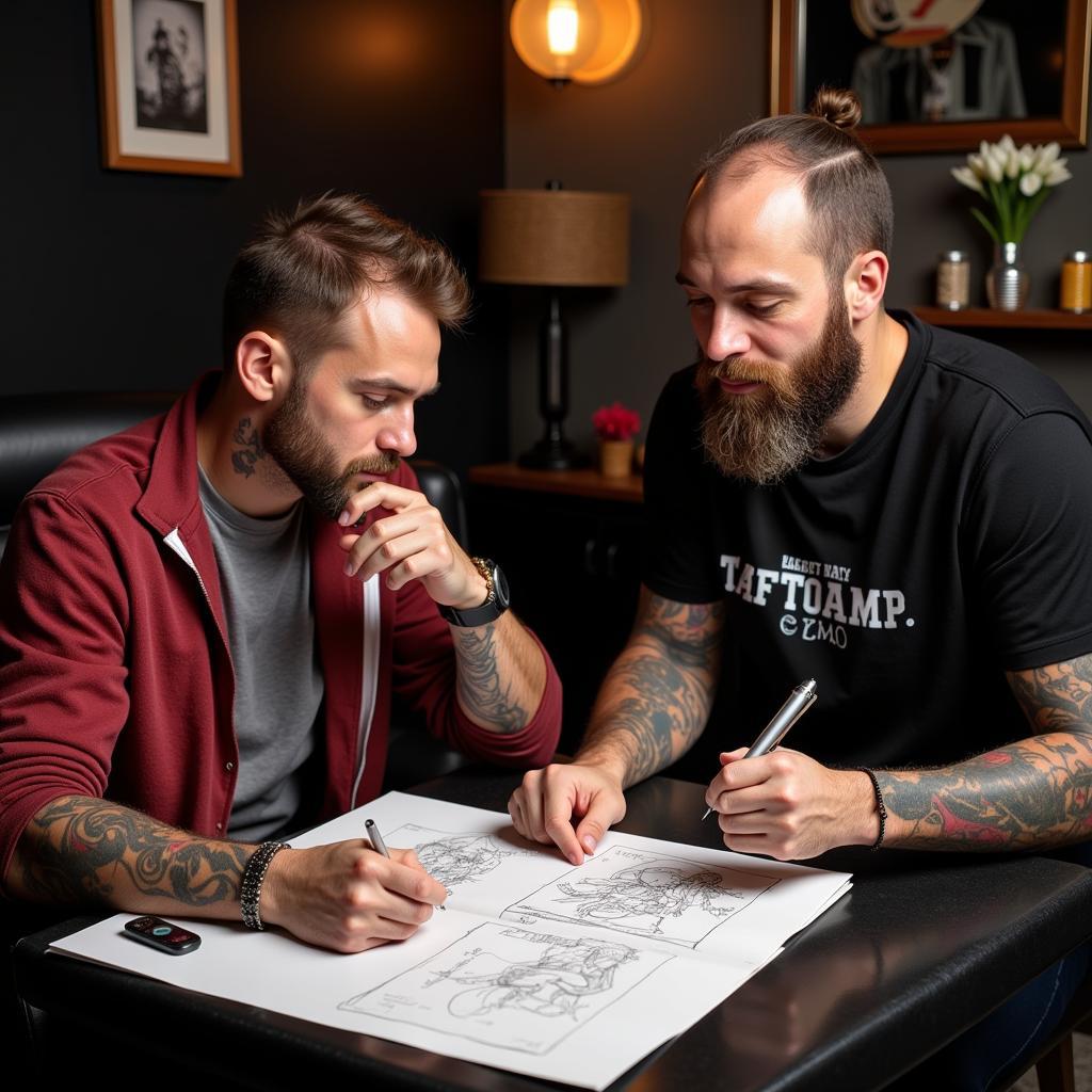 Fan consulting with a tattoo artist about a football-themed tattoo