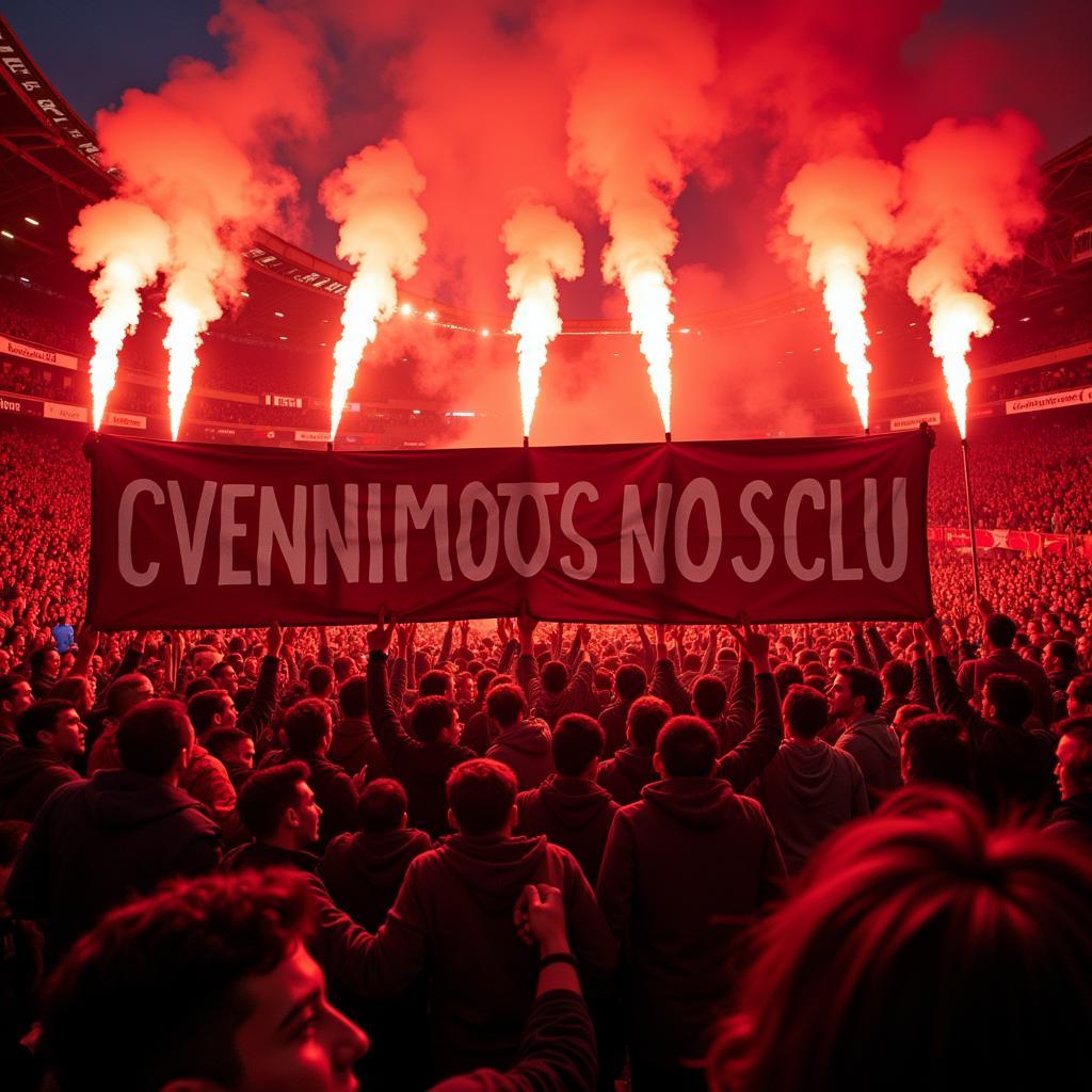 A group of football ultras with a banner